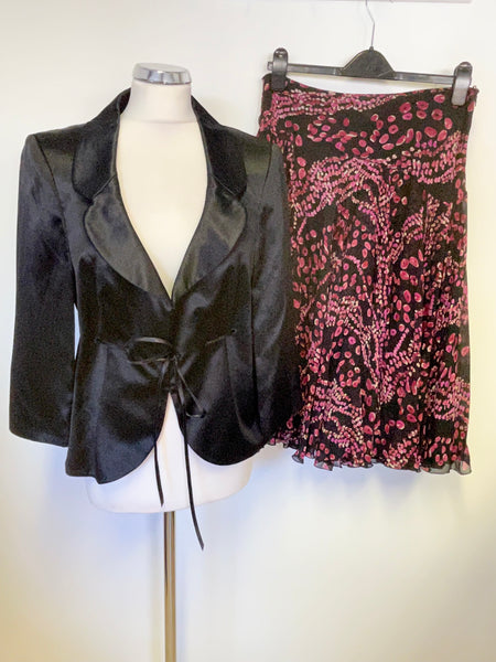 FENN WRIGHT MANSON 100% BLACK & DEEP PINK PRINT SKIRT & JACKET SET SIZE 16