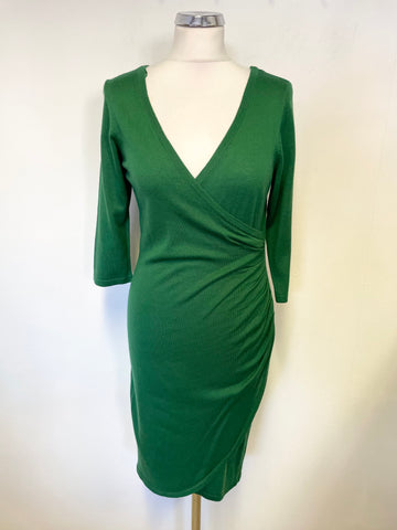 PHASE EIGHT EMERALD GREEN 3/4 SLEEVED WRAP ACROSS KNIT DRESS SIZE 12