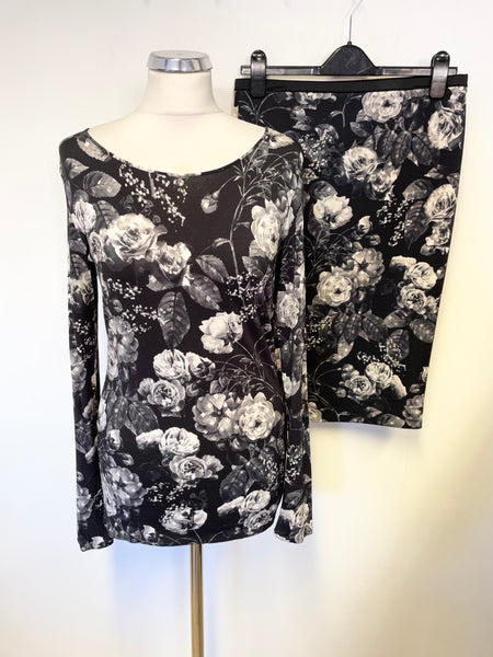 MARCCAIN BLACK GREY ROSE PRINT PENCIL SKIRT & TOP SIZE 2 & 4 APPROX UK 12