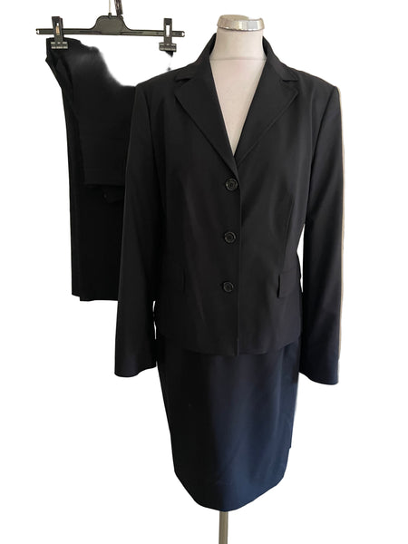 HUGO BOSS VIRGIN WOOL BLACK TAILORED JACKET SKIRT & TROUSER SUIT SIZE 12,14 & 16