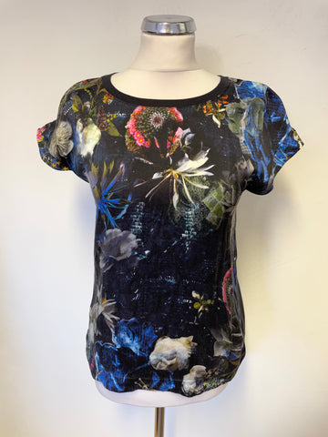 MARCCAIN BLACK FLORAL SILK FRONT CAP SLEEVE TOP SIZE 2 UK 10