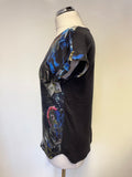 MARCCAIN BLACK FLORAL SILK FRONT CAP SLEEVE TOP SIZE 2 UK 10