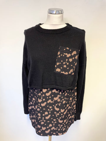 MINT VELVET BLACK & TAN PRINT TUNIC TOP WITH BLACK KNIT OVER CROP OVER JUMPER SIZE 10
