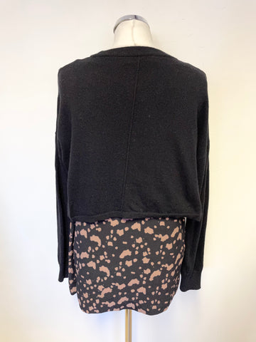 MINT VELVET BLACK & TAN PRINT TUNIC TOP WITH BLACK KNIT OVER CROP OVER JUMPER SIZE 10