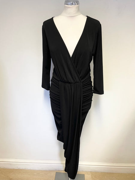 NEVER FULLY DRESSED BLACK DRAPED 3/4 SLEEVE ASYMMETRIC HEMLINE DRESS SIZE M/L