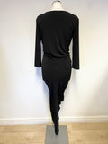 NEVER FULLY DRESSED BLACK DRAPED 3/4 SLEEVE ASYMMETRIC HEMLINE DRESS SIZE M/L