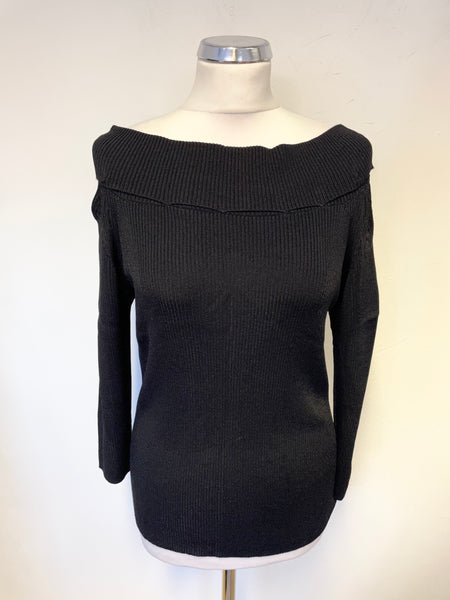 JAEGER BLACK BARDOT WIDE NECK 3/4 SLEEVED RIBBED JUMPER SIZE M