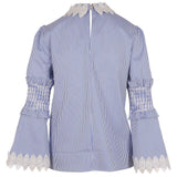 BRAND NEW TED BAKER CERENNA BLUE STRIPE LACE FLUTED LONG SLEEVE TOP SIZE 2 UK 10/12