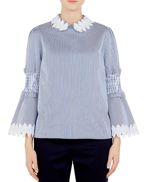 BRAND NEW TED BAKER CERENNA BLUE STRIPE LACE FLUTED LONG SLEEVE TOP SIZE 2 UK 10/12