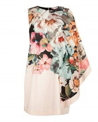 TED BAKER TAZZMYN BLUSH FLORAL PRINT DRAPE FRONT & BLACK REAR PENCIL DRESS SIZE 1 UK 8/10