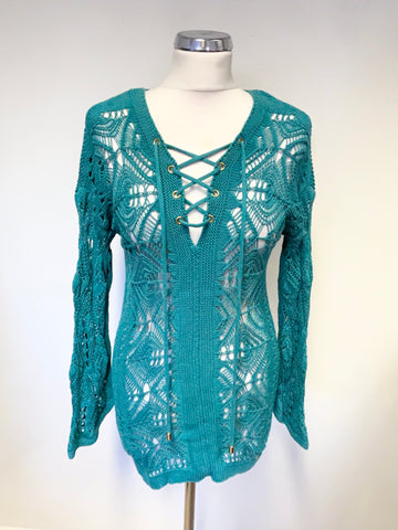 GUESS GREEN LACE UP LONG SLEEVED OPEN KNIT JUMPER SIZE S