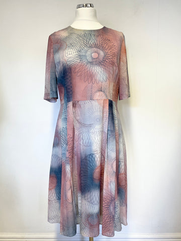 JIGSAW PINKS & BLUES SHADES PRINT 100% SILK SHORT SLEEVED FIT & FLARE DRESS SIZE 16