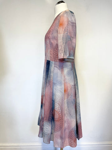 JIGSAW PINKS & BLUES SHADES PRINT 100% SILK SHORT SLEEVED FIT & FLARE DRESS SIZE 16