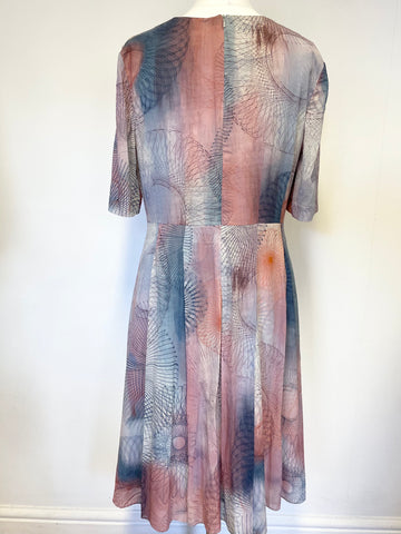 JIGSAW PINKS & BLUES SHADES PRINT 100% SILK SHORT SLEEVED FIT & FLARE DRESS SIZE 16