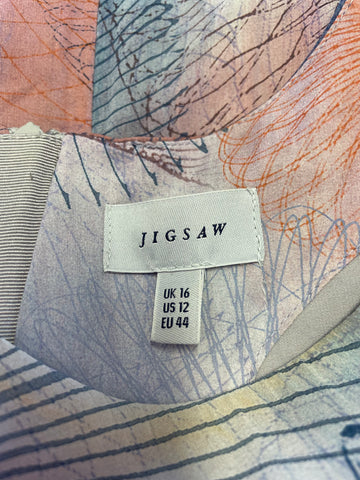 JIGSAW PINKS & BLUES SHADES PRINT 100% SILK SHORT SLEEVED FIT & FLARE DRESS SIZE 16