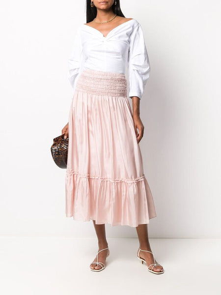 TORY BURCH PINK SILK SMOCKED WAIST TIERED MIDI SKIRT SIZE 2 UK 10