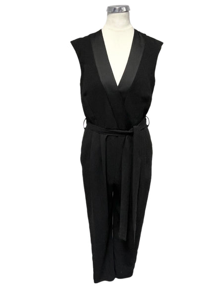 RIVER ISLAND BLACK V NECK SLEEVELESS TIE BELT TAPERED LEG JUMPSUIT SIZE 8