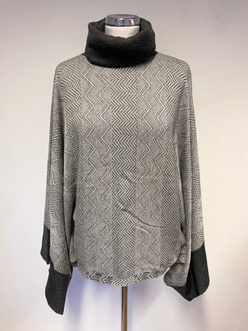 UNBRANDED REVERSIBLE GREY & WHITE PRINT ROLL NECK WIDE SLEEVED PONCHO STYLE JUMPER ONE SIZE