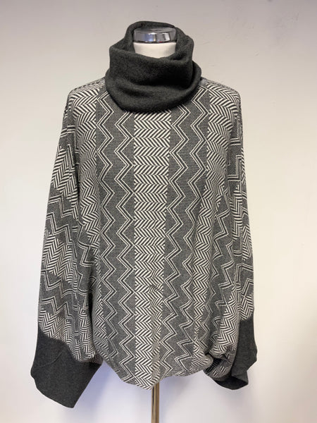 UNBRANDED REVERSIBLE GREY & WHITE PRINT ROLL NECK WIDE SLEEVED PONCHO STYLE JUMPER ONE SIZE