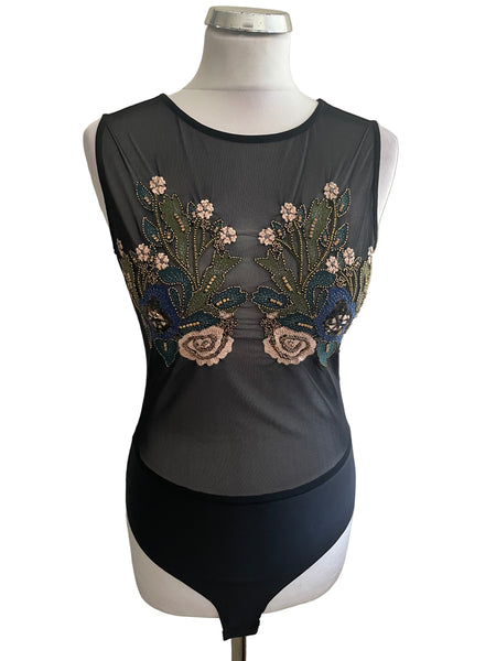 ZARA ACCESSORIES BLACK EMBROIDERED & BEADED SLEEVELESS BODY TOP  SIZE M