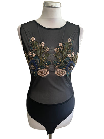 ZARA ACCESSORIES BLACK EMBROIDERED & BEADED SLEEVELESS BODY TOP  SIZE M