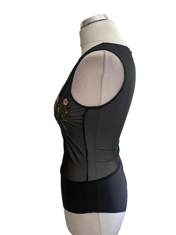 ZARA ACCESSORIES BLACK EMBROIDERED & BEADED SLEEVELESS BODY TOP  SIZE M