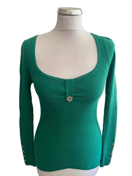 KAREN MILLEN EMERALD GREEN SKINNY RIB SCOOP NECK JUMPER SIZE 1 UK 8/10