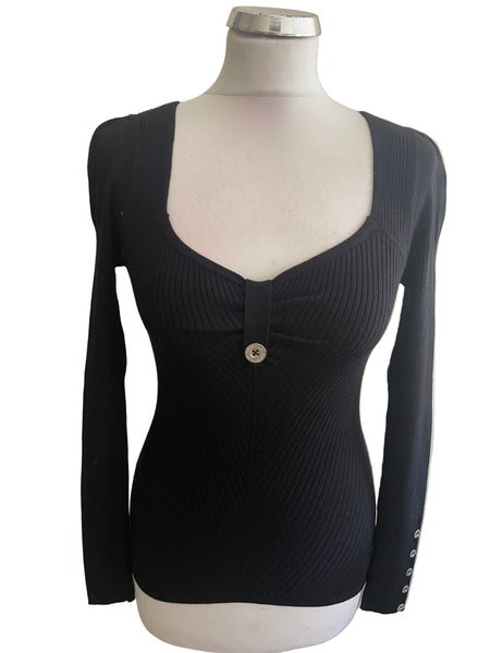 KAREN MILLEN BLACK SKINNY RIB SCOOP NECK JUMPER SIZE 1 UK 8/10