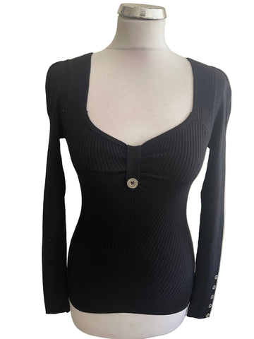 KAREN MILLEN BLACK SKINNY RIB SCOOP NECK JUMPER SIZE 1 UK 8/10