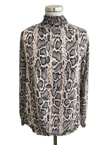 MADE IN ITALY CREAM & BLACK PRINT BLOUSON TOP ONE SIZE