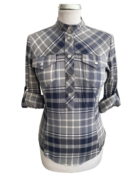BRAND NEW KAREN MILLEN BLUE & GREY CHECK LONG SLEEVE TOP  SIZE 10