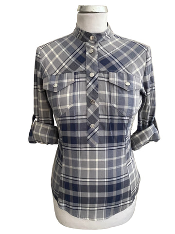 BRAND NEW KAREN MILLEN BLUE & GREY CHECK LONG SLEEVE TOP  SIZE 10