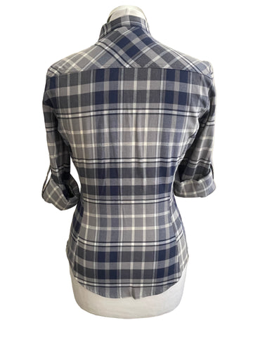 BRAND NEW KAREN MILLEN BLUE & GREY CHECK LONG SLEEVE TOP  SIZE 10