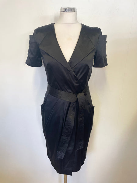 KAREN MILLEN BLACK V NECK SHORT PLEATED SLEEVE BELTED SATEEN PENCIL DRESS  SIZE 10