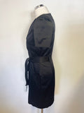KAREN MILLEN BLACK V NECK SHORT PLEATED SLEEVE BELTED SATEEN PENCIL DRESS  SIZE 10