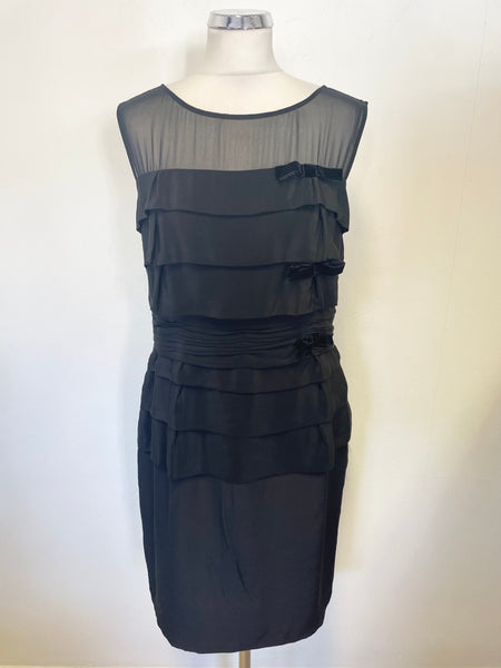 HOBBS NW3 100% SILK BLACK SLEEVELESS PLEATED & BOW TRIM PENCIL DRESS SIZE 12
