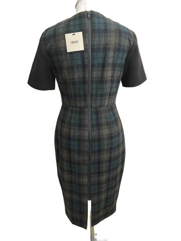 BRAND NEW ASOS BLACK & GREEN TARTAN WOOL BLEND PENCIL DRESS SIZE 10