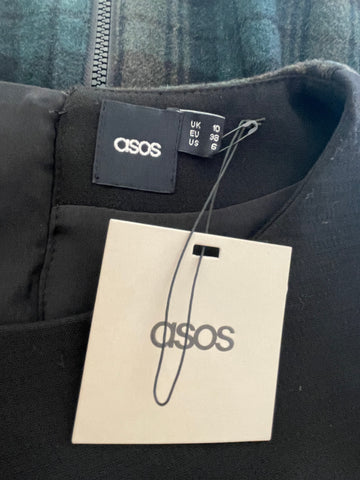 BRAND NEW ASOS BLACK & GREEN TARTAN WOOL BLEND PENCIL DRESS SIZE 10