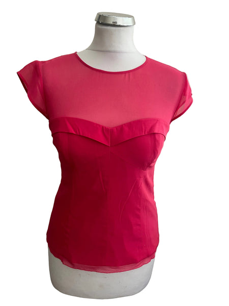 KAREN MILLEN SILK PINK FITTED CAP SLEEVED TOP SIZE 10