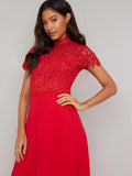 BRAND NEW CHI CHI JANE RED CROCHET LACE BODICE SHORT SLEEVE LONG EVENING/PROM DRESS SIZE 8