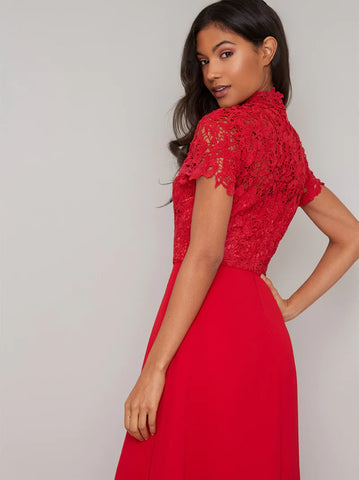 BRAND NEW CHI CHI JANE RED CROCHET LACE BODICE SHORT SLEEVE LONG EVENING/PROM DRESS SIZE 8