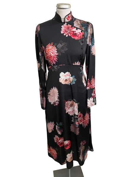 BRAND NEW ZARA WOMAN BLACK FLORAL PRINT SATIN LONG SLEEVE MIDI DRESS SIZE M
