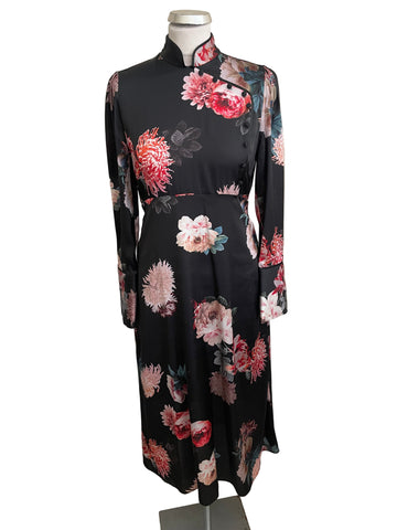 BRAND NEW ZARA WOMAN BLACK FLORAL PRINT SATIN LONG SLEEVE MIDI DRESS SIZE M