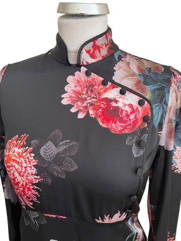 BRAND NEW ZARA WOMAN BLACK FLORAL PRINT SATIN LONG SLEEVE MIDI DRESS SIZE M