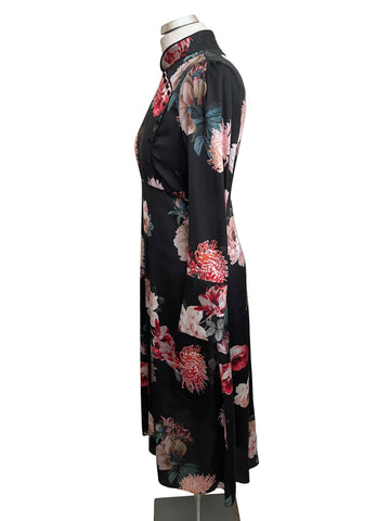 BRAND NEW ZARA WOMAN BLACK FLORAL PRINT SATIN LONG SLEEVE MIDI DRESS SIZE M