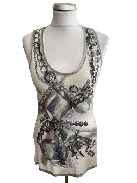 KAREN MILLEN BEIGE JEWEL TRIMMED EMBROIDERED & BEADED PATTERNED RACER BACK VEST TOP  SIZE 8