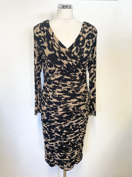 GINA BACCONI BLACK & CAMEL PRINT RUCHED PLEATING LONG SLEEVED PENCIL DRESS SIZE 12