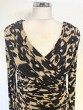 GINA BACCONI BLACK & CAMEL PRINT RUCHED PLEATING LONG SLEEVED PENCIL DRESS SIZE 12