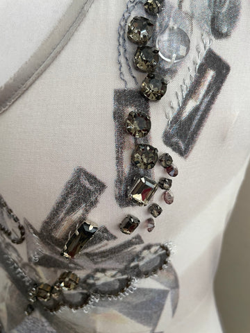 KAREN MILLEN BEIGE JEWEL TRIMMED EMBROIDERED & BEADED PATTERNED RACER BACK VEST TOP  SIZE 8