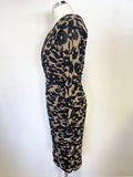 GINA BACCONI BLACK & CAMEL PRINT RUCHED PLEATING LONG SLEEVED PENCIL DRESS SIZE 12